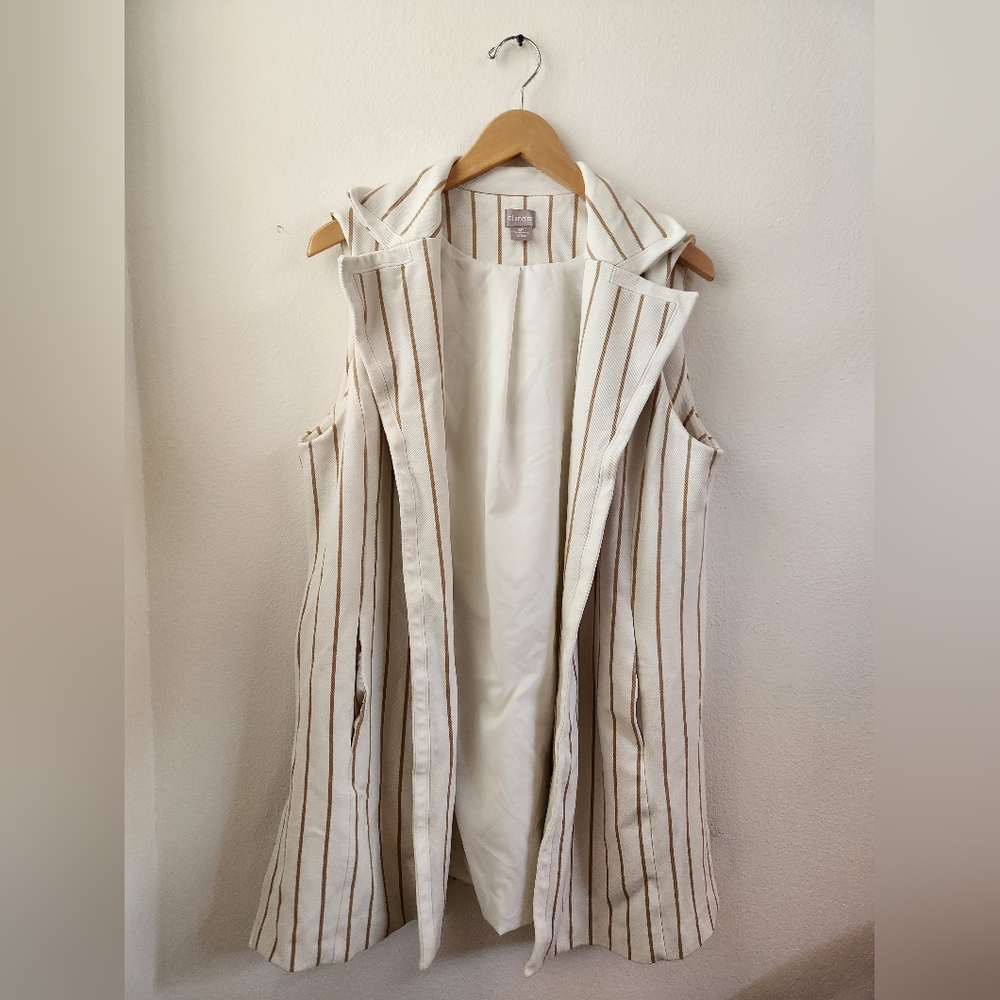 Chico's Women's Striped Long Ponte Vest Jacket Ecru and Modern Khaki 3P Petite‎